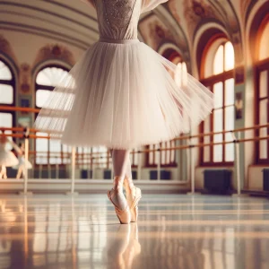 DALL·E 2024-05-04 14.45.41 - A graceful ballerina in a flowing white tutu dances on pointe in a serene ballet studio. The focus is on her feet, delicately wrapped in soft, protect Mijn Verlichte Danservaring met Zorgwol: Een Persoonlijk Verhaal van Danielle