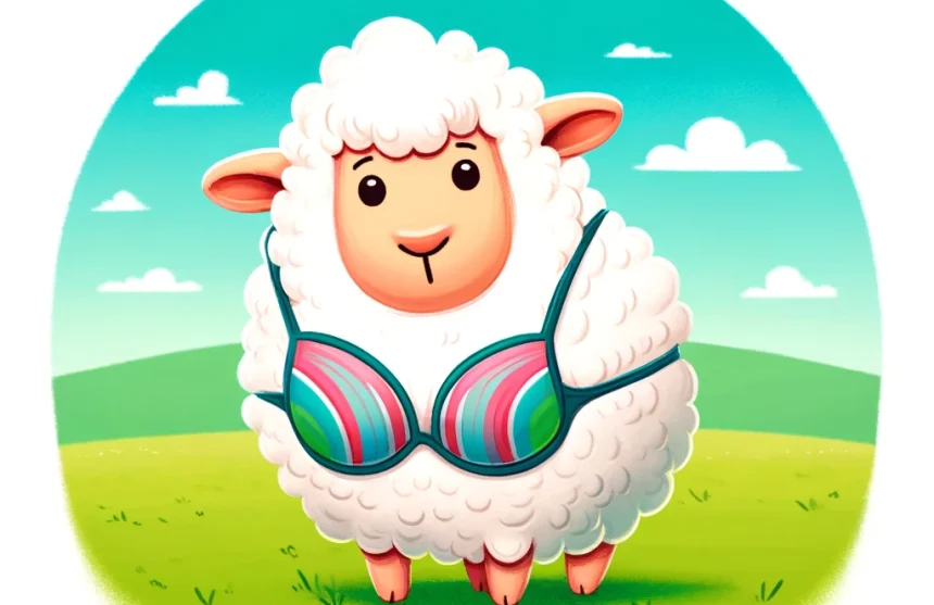 DALL·E 2024-05-05 18.49.04 - A humorous and adorable illustration of a sheep wearing a bra. The sheep is fluffy and white, with a friendly expression, standing in a green pasture Zeg vaarwel tegen underboob irritatie met Zorgwol!