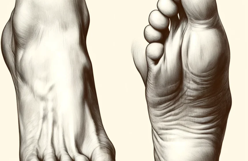 DALL·E 2024-05-11 15.03.34 - Create an illustration based on a photo showing two views of a foot with hallux valgus. The first view shows the top of the foot, with the big toe ben Hallux Valgus en Zorgwol antidruk-wol