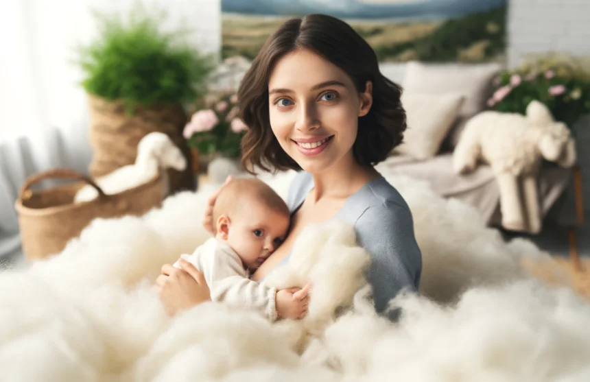 DALL·E 2024-05-11 15.22.35 - A peaceful and nurturing scene depicting a young mother holding her baby close, surrounded by soft, fluffy wool. The wool is emphasized to show its na Zorgwol Boezem voor tepelkloven