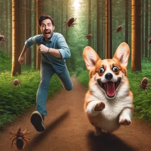 DALL·E 2024-06-04 15.39.41 - A humorous scene of a person running through a forest with a corgi dog. Both are in a state of comical panic, trying to escape from ticks. The forest teken
