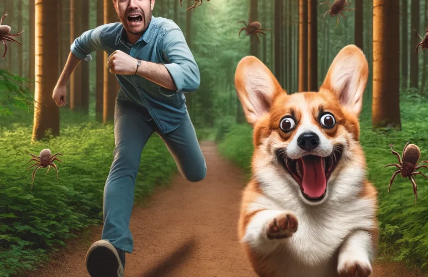 DALL·E 2024-06-04 15.39.41 - A humorous scene of a person running through a forest with a corgi dog. Both are in a state of comical panic, trying to escape from ticks. The forest teken