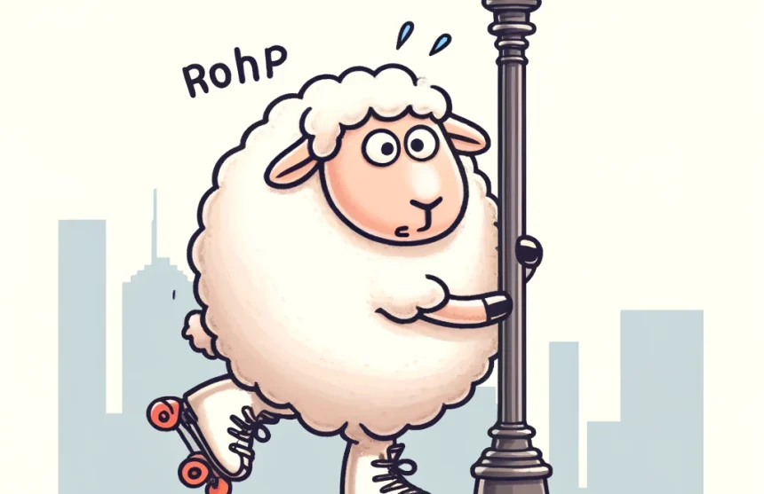 DALL·E 2024-06-13 10.48.14 - A humorous illustration of a sheep on roller skates holding onto a lamppost because it is scared of falling. The sheep looks nervous and wobbly, gripp De Vreugde van Skeeleren: Rol de Straat Op!