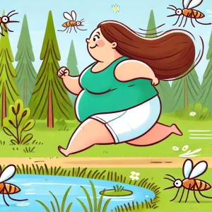 DALL·E 2024-06-20 17.44.31 - A humorous illustration of a plump woman with long brown hair running through a forest along a small pond. She is being chased by a swarm of mosquitoe Tips Tegen Muggen