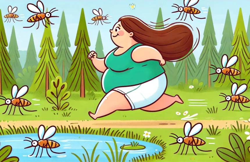 DALL·E 2024-06-20 17.44.31 - A humorous illustration of a plump woman with long brown hair running through a forest along a small pond. She is being chased by a swarm of mosquitoe Tips Tegen Muggen