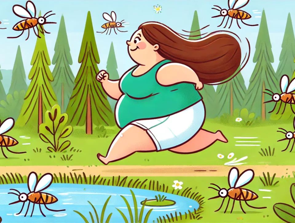 DALL·E 2024-06-20 17.44.31 - A humorous illustration of a plump woman with long brown hair running through a forest along a small pond. She is being chased by a swarm of mosquitoe Tips Tegen Muggen