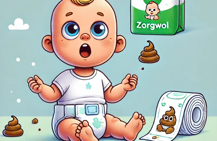 DALL·E 2024-06-24 16.55.40 - A humorous illustration of a baby in a diaper, covered in poop, looking surprised. The baby is sitting in a playful and lighthearted setting with some baby poep